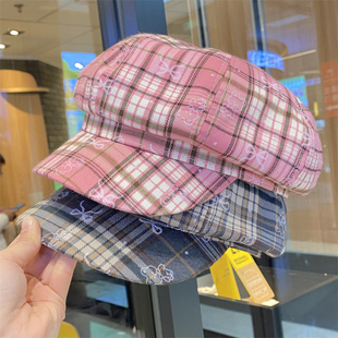 小熊格子八角帽子女春夏季 百搭贝雷帽 户外出游遮阳防晒报童帽时尚