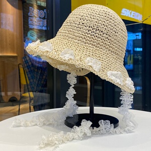 夏季编织绑带草帽女新款海边度假沙滩帽户外遮阳防晒帽甜美渔夫帽