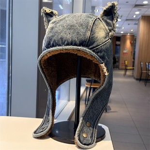 复古牛仔毛绒雷锋帽子男女冬季 防寒保暖加绒护耳帽甜酷百搭套头帽