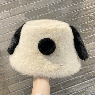 可爱小狗耳朵毛绒绒渔夫帽子女冬天显脸小遮脸盆帽保暖护耳水桶帽