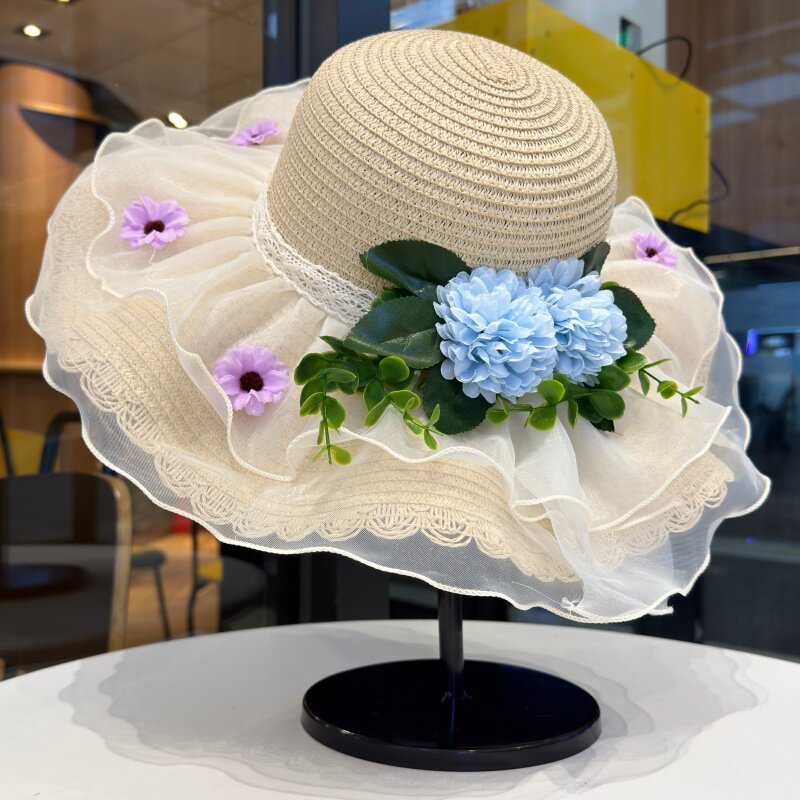 森系蓝色花朵蕾丝草帽女夏季遮阳