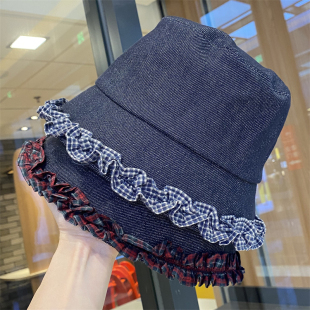 休闲显脸小盆帽遮阳防晒水桶帽 时尚 花边牛仔渔夫帽子女春秋季 新款