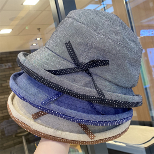 日系蝴蝶结卷边渔夫帽子女夏季 优雅显脸小盆帽出游遮阳帽 复古时尚