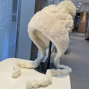 加厚加绒毛球雷锋帽女秋冬季 户外防寒保暖护耳套头帽显脸小包头帽