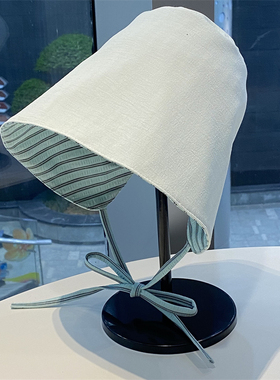 日系条纹双面戴系带渔夫帽女春夏季出游遮脸防晒帽显脸小遮阳帽子