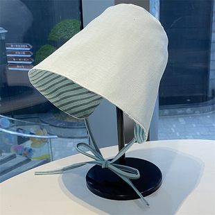 日系条纹双面戴系带渔夫帽女春夏季 出游遮脸防晒帽显脸小遮阳帽子