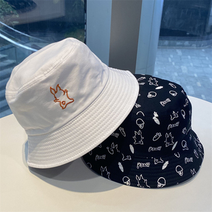 日系卡通兔子双面戴渔夫帽女春夏季时尚休闲遮阳帽男户外出游盆帽