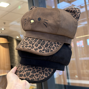 甜美可爱猫耳朵豹纹麂皮绒贝雷帽女秋冬季 保暖百搭报童帽八角帽子