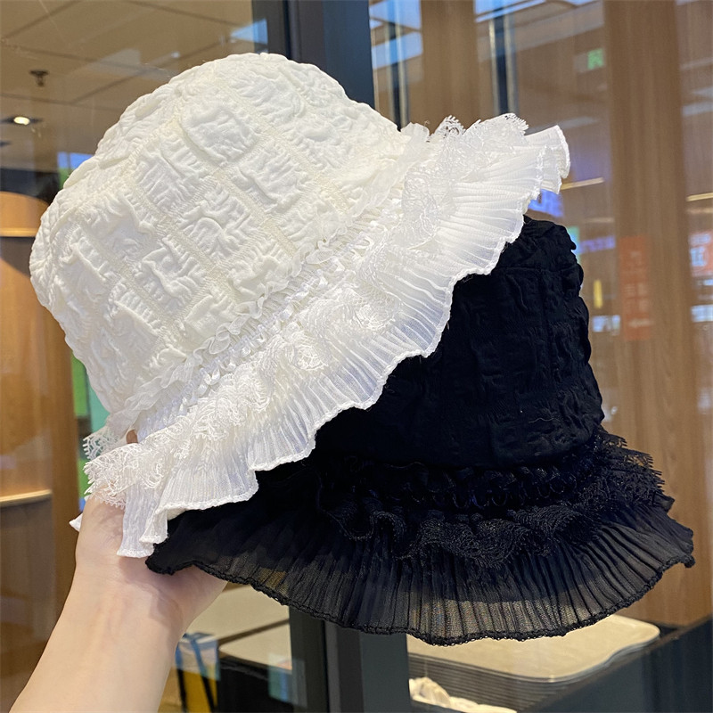 春夏季褶皱蕾丝渔夫帽子女显脸小