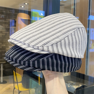 日系文艺条纹前进帽男女春夏季 显脸小鸭舌贝雷帽小众复古画家帽子