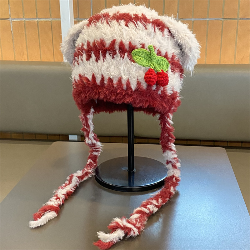 韩版可爱樱桃针织毛绒帽女秋冬季保暖护耳包头帽显脸小防寒套头帽
