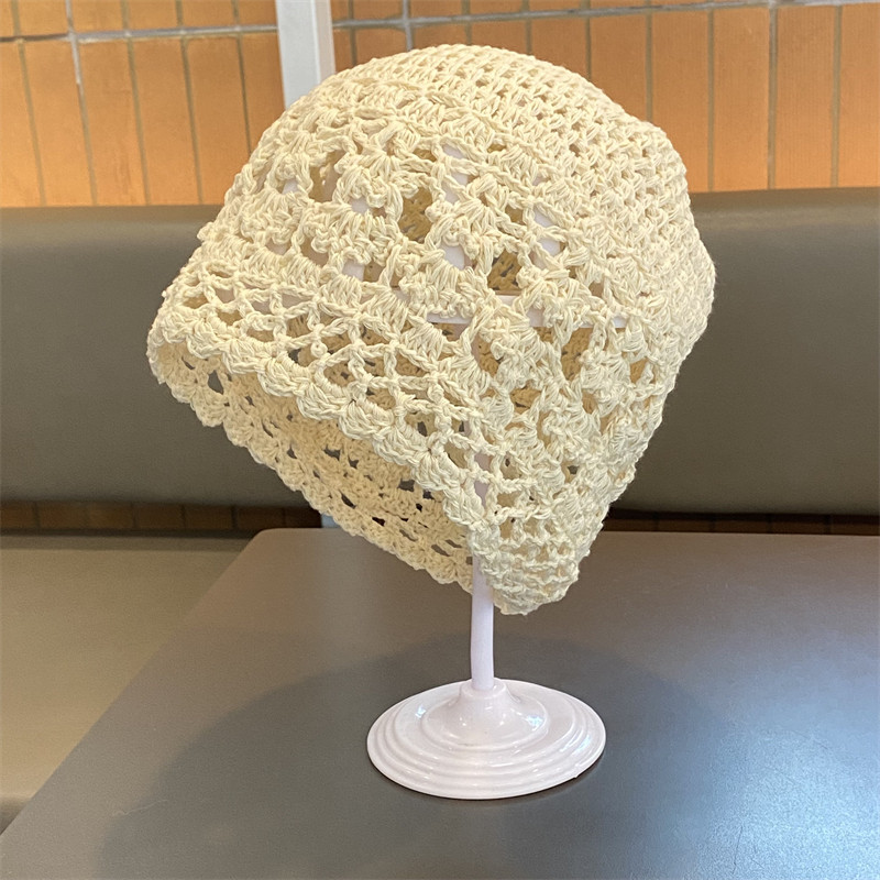 复古编织镂空套头帽女夏季薄款大头围显脸小针织帽百搭包头堆堆帽