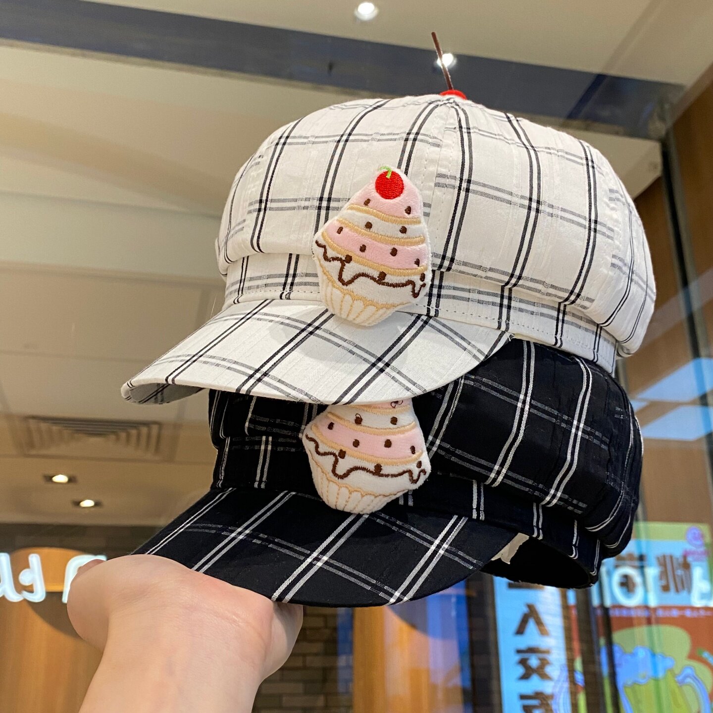 甜美可爱格子八角帽女春秋季百搭