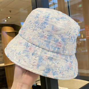 网纱印花显脸小渔夫帽子女春夏季 盆帽户外遮阳防晒帽 甜美休闲时尚