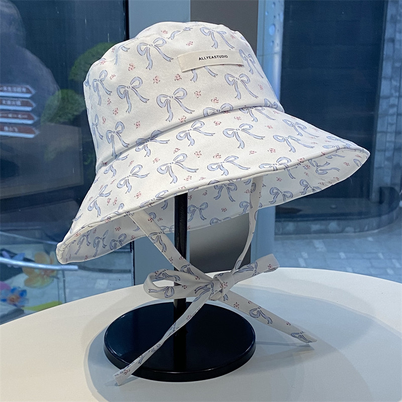 蓝色蝴蝶结大檐系带渔夫帽女夏季