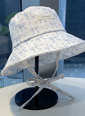 蓝色蝴蝶结大檐系带渔夫帽女夏季