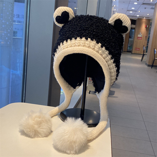 甜美可爱耳朵毛绒包头帽女秋冬季 保暖护耳针织帽显脸小防寒雷锋帽