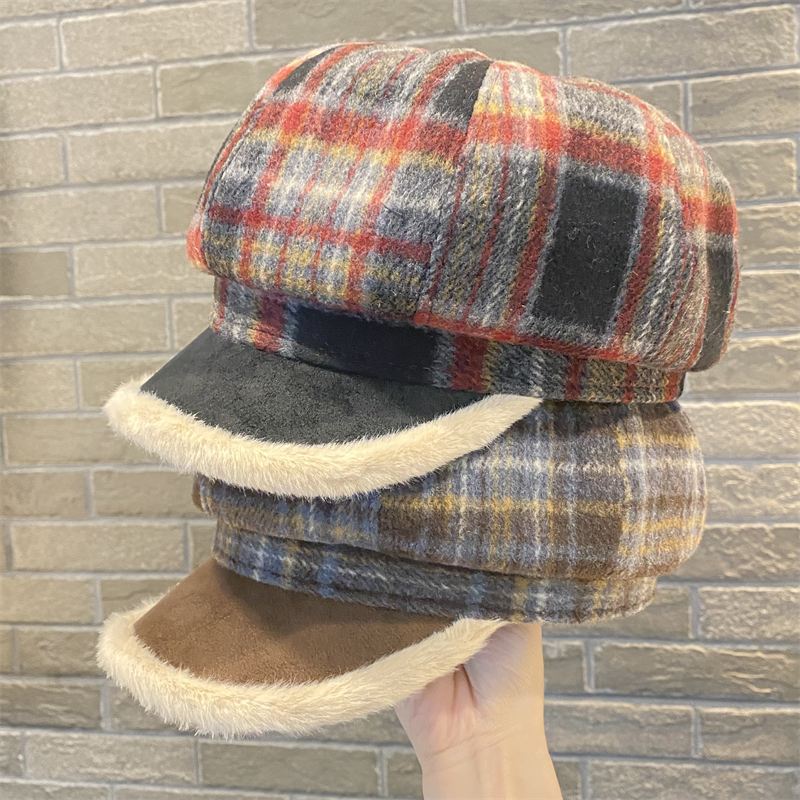 日系格子毛绒贝雷帽子女秋冬加厚
