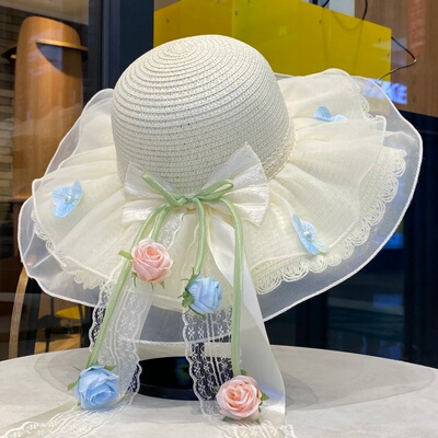 仙女风蕾丝草帽女夏季大檐蝴蝶结