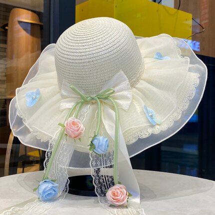 仙女风蕾丝草帽女夏季大檐蝴蝶结防晒遮阳帽海边显脸小沙滩太阳帽