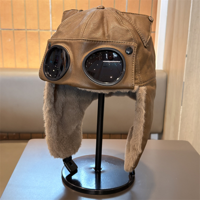 冬季猫耳皮质护目镜飞行员帽男女
