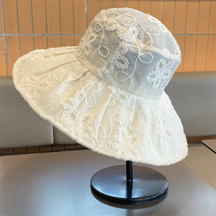 花朵蕾丝刺绣渔夫帽子女春夏季 透气遮脸大檐防晒帽防紫外线太阳帽