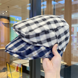 新款 格子前进帽女英伦复古贝雷帽显脸小百搭报童帽大头围鸭舌帽男