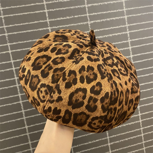日系小众豹纹绒面贝雷帽女大头围素颜春秋韩版 百搭八角帽 街头时尚