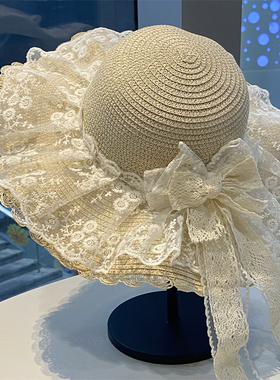 蕾丝飘带蝴蝶结草编帽子女夏季海边度假沙滩太阳帽出游遮阳防晒帽