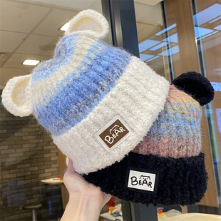 新款卡通小熊耳朵拼色针织帽女冬季加厚加绒保暖护耳显脸小毛线帽