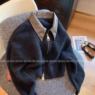 黑色高级感拼接皮领针织开衫外套女2023新款小众时髦双拉链毛衣