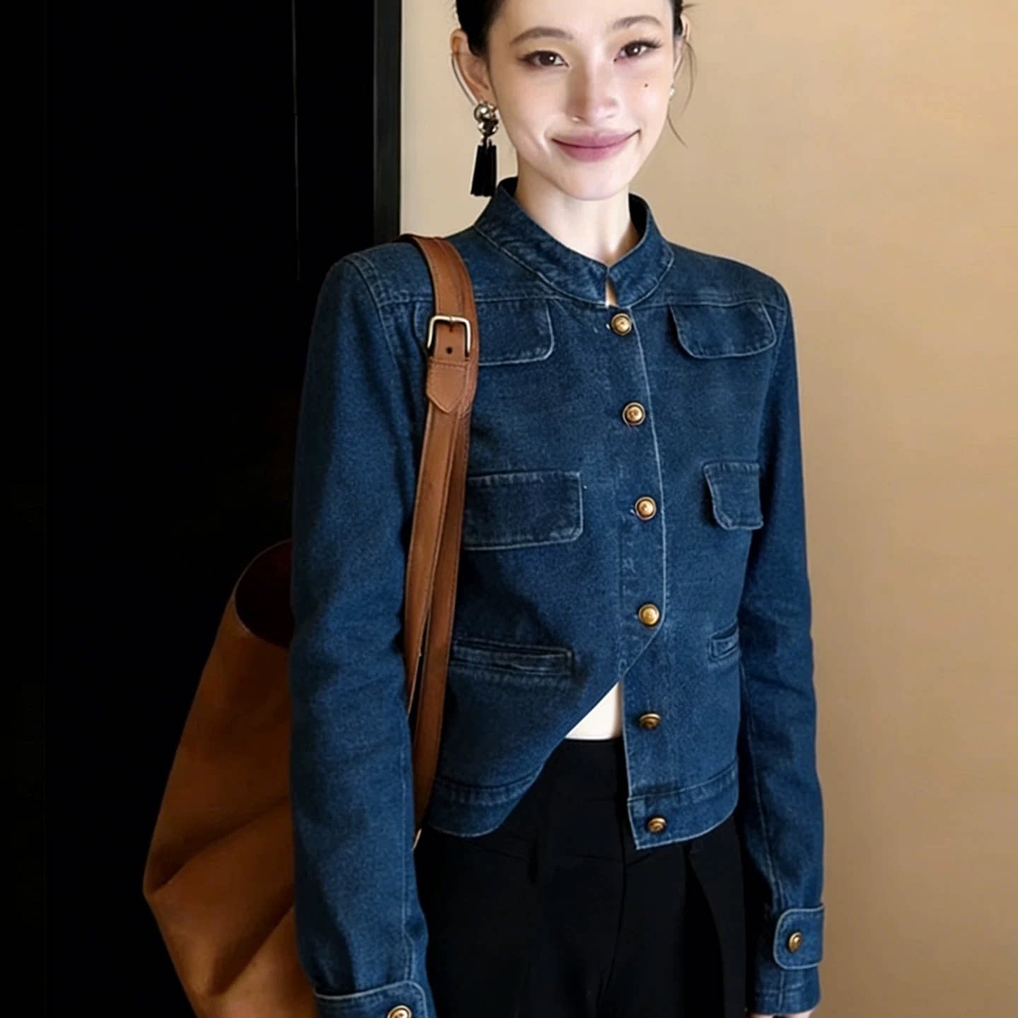牛仔蓝立领多口袋设计感短款外套2026春季韩系独特别致漂亮上衣女