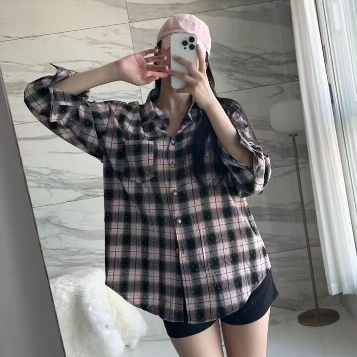 韩版春季烫钻格子衬衫chic设计感宽松复古外套女长袖原宿风衬衣
