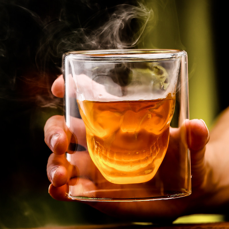 个性酒杯玻璃杯骷髅头杯ins咖啡杯鸡尾酒杯异形杯双层耐高温水杯