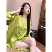 胖MM特大码 300斤轻奢纯欲风性感V领冰丝睡衣女绑带拼接长袖 睡裙潮