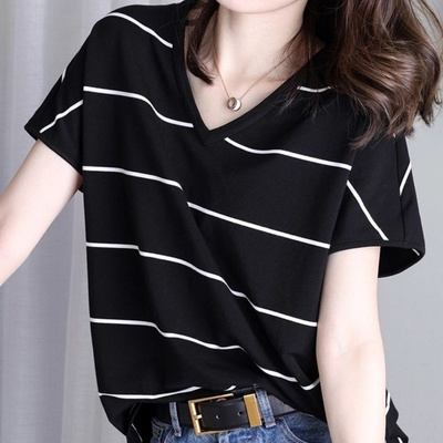胖mm300斤大码宽松条纹短袖T恤女