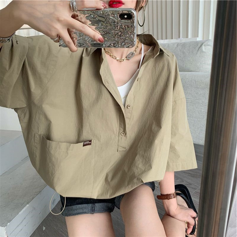 宽松显瘦设计感短袖POLO领衬衫女