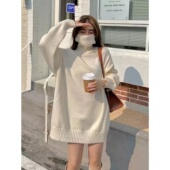 慵懒风高领针织连衣裙女300斤大码 胖MM百搭显瘦纯色中长款 毛衣裙