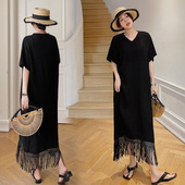 韩版 300斤大码 V领肌理感短袖 长款 流苏过膝连衣裙 夏季 胖MM时尚 女装