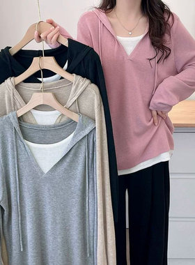 长袖女款连帽拼接春秋针织毛衣衫