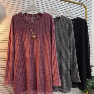 300斤特大码 女装 宽松遮肉胖妹妹时尚 圆领拼接蕾丝长袖 T恤 春秋季