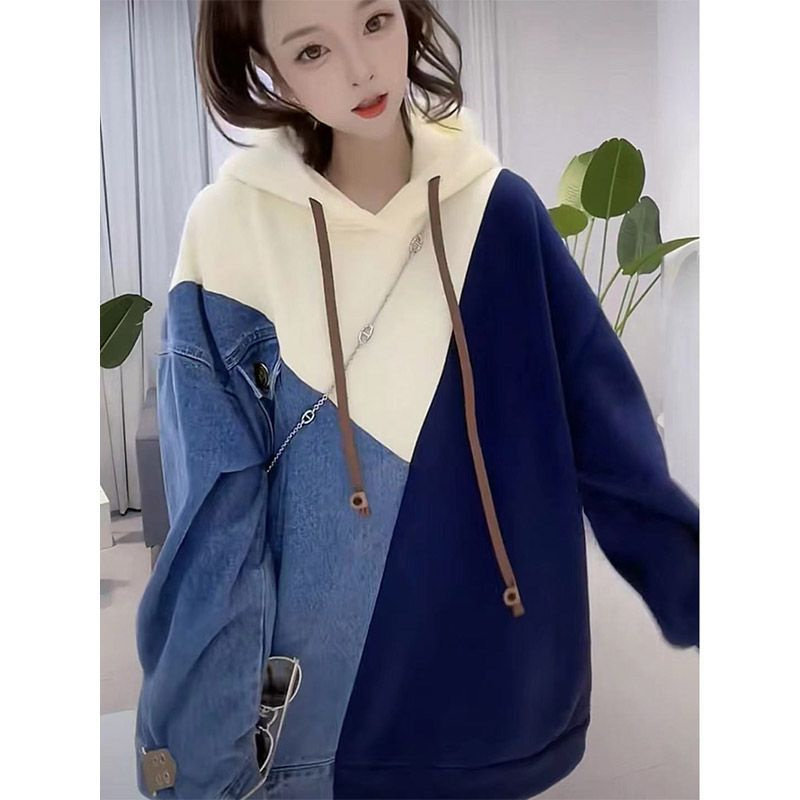 大码撞色翻领拼接卫衣宽松中长款