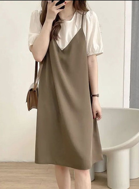 胖MM2-300斤大码假两件拼接薄款气质宽松显瘦中长款休闲连衣裙女