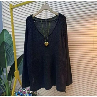 女减龄宽松遮肚长袖 镂空针织衫 套头打底上衣潮 女装 胖MM300斤大码