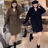 300斤超大码 美式 V领连衣裙潮 中长款 胖MM2 潮流时髦洋气秋冬款 女装