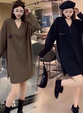 美式潮流时髦洋气秋冬款女装中长款胖MM2-300斤超大码V领连衣裙潮
