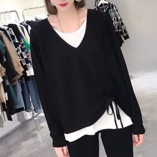 T恤上衣超大码 休闲抽绳设计感长袖 假两件拼接中长款 胖MM300斤秋季