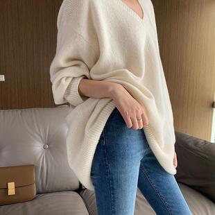 潮 休闲纯色V领秋冬针织毛衣衫 胖妹妹300斤特大码 慵懒风复古感女装