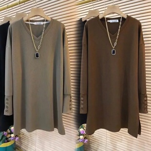 胖MM百搭V领长袖 大码 T恤中长款 饰套头打底衫 上衣 纽扣装 300斤大码
