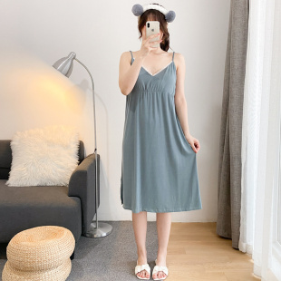 V领蕾丝拼接睡裙胖MM下摆开叉吊带外穿家居服夏款 300斤特大码 睡衣